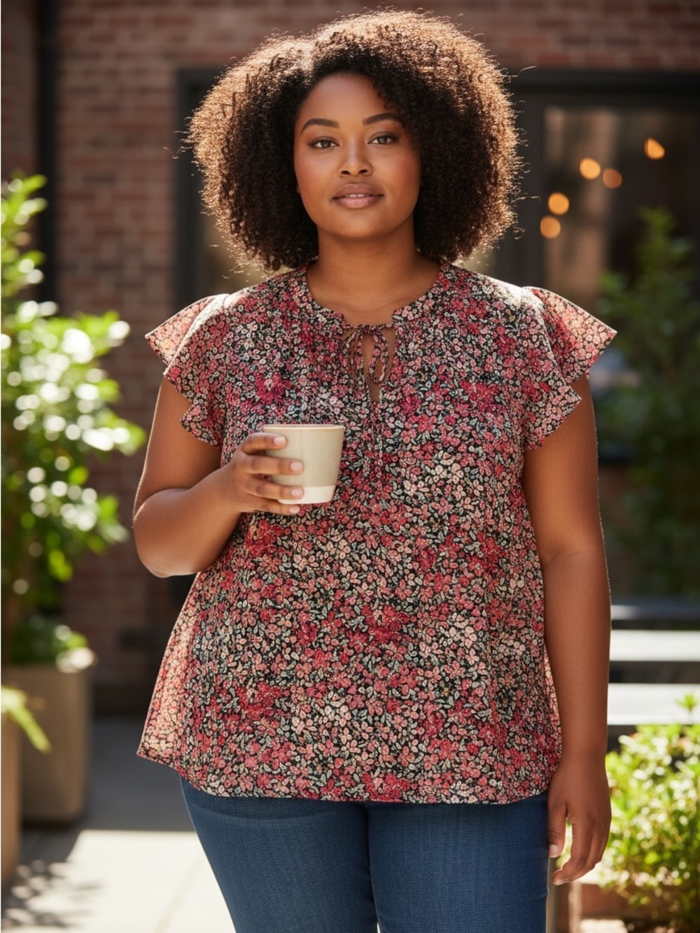 Lauren Conrad Pink Multi Floral Tie-Front Flutter Sleeve Blouse